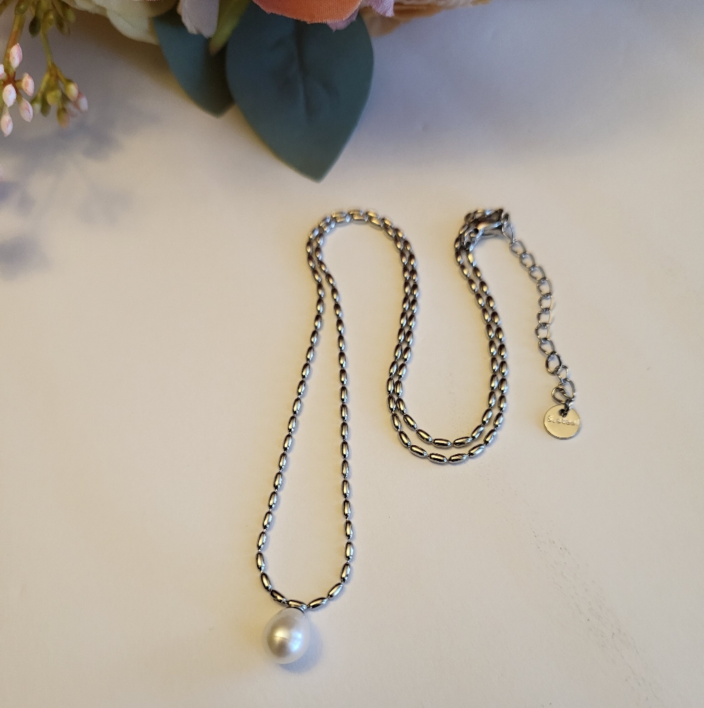 Genuine Pearl Necklace Stainless Steel Silverplated Teardrop Casual Jewelry 16 20$